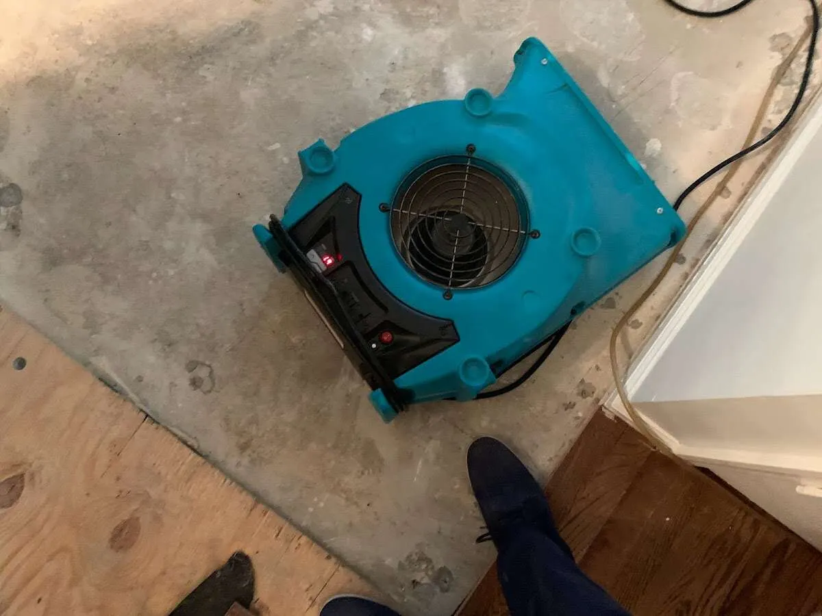 Air mover drying subfloor during Leak Detection & Repair in Bound Brook